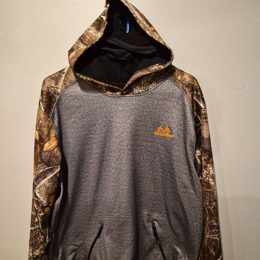 Realtree Men's Camo & Grey Zip Pockets Pull Over Hoodie w/Neck Gaiter Size 42+